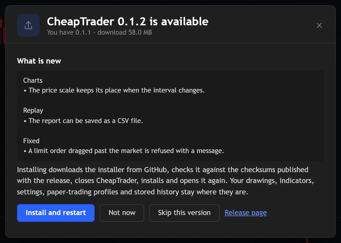 The update window: what is new in the release, a note that data stays where it is, and the buttons Install and restart, Not now and Skip this version